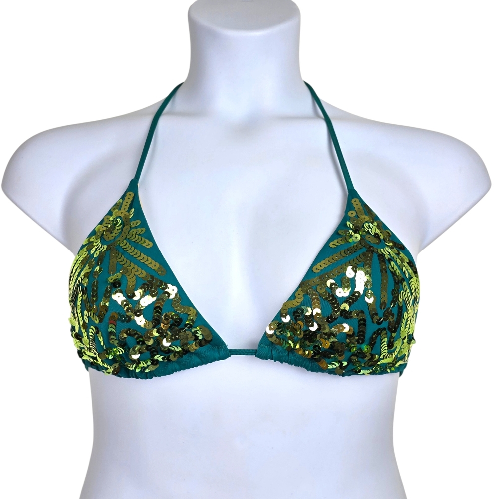 Victoria's Secret Womens Green Sequin Halter Neck Swimsuit Bikini Top Size M